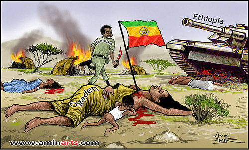 Meles Zenawi is the perpetrater of the genocide going on in the Somali region of Ethiopia known as ******ia