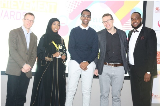 Pictured here is Dr.Richard Gale Dr.Andrew Williams both from Cardiff University School and Ali Abdi Event Organiser presenting one ofthe Outstanding Contribution to the Community Awards to Sara Kalinleh and Zack Ahmed for estab